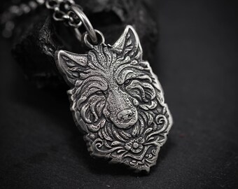 男性用ハンドメイドシルバーウルフペンダントネックレス、素朴な荒野の