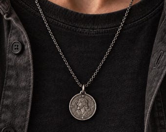 Jesus Oxidized Handmade Pendant Necklace, Unisex Religious Silver Jewelry, Rustic Christian Silver Pendant