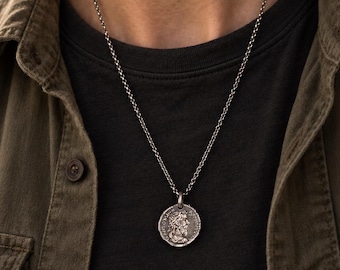 Marcus Aurelius Silver Handmade Coin Necklace, Engraved Vintage Historical Roman Jewelry, Philosophical Coin Pendant