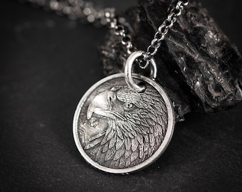 American Eagle Silver Coin Necklace, Nature Inspired Oxidized Pendant Necklace, Handmade Coin Necklace
