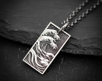 Ocean Wave sterling silver Pendant Necklace, Men's Wave Necklace, Beach handmade Jewelry, Surfing Necklace, Ocean Lover Gift