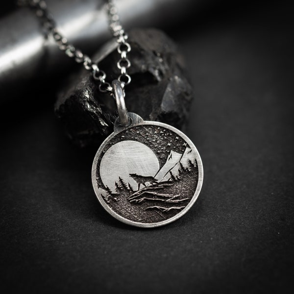 Collana con ciondolo animale Wolf Nature Silver, gioielli naturali della foresta unici incisi personalizzati con animali, regalo per uomini, collana da uomo,