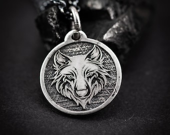 Wolf Head Silver Pendant Necklace, Handmade Animal Necklace, Rustic Charm Wolf Necklace