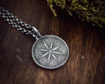 Mens Silver Compass necklace pendant, Rustic Travel jewelry for men, Nautical Adventure Gift