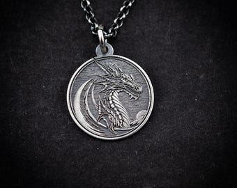 Silver Dragon  pendant necklace, Rustic Oxidized silver jewelry, Mens gift, Animal Handmade jewelry, men necklace