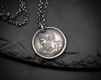 Marcus Aurelius Roman emperor stoic coin necklace, men ancient stoicism pendant, mens meditation gift, anxiety relief gift