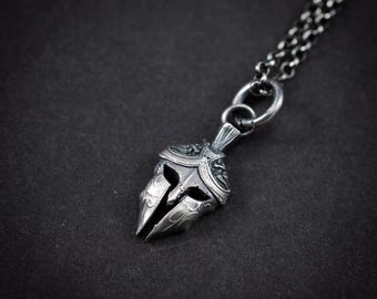 Men Silver Warrior helmet necklace, Spartan Gladiator pendant, Protection amulet, handmade silver jewelry for men, Greek mythology, men gift