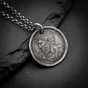 Silver Marcus Aurelius Roman emperor coin necklace, Ancient stoicism pendant, mens meditation gift, anxiety relief personalized jewelry image 2