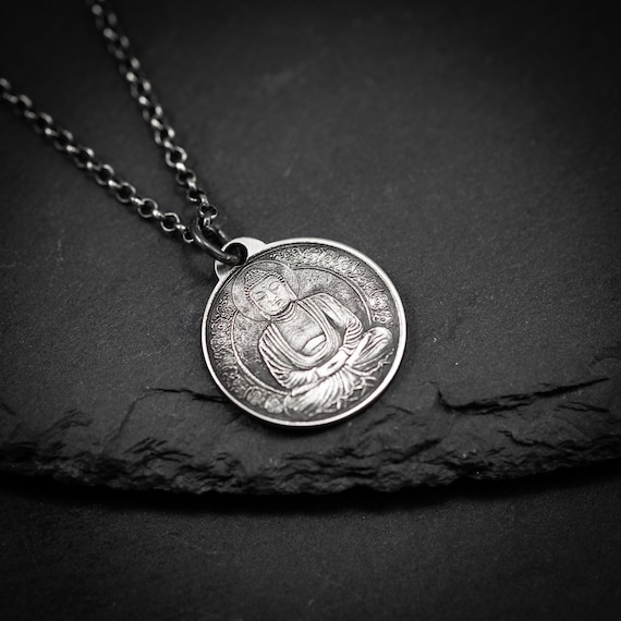 Silver Buddha Coin Pendant Necklace, Buddhist Yoga Handmade