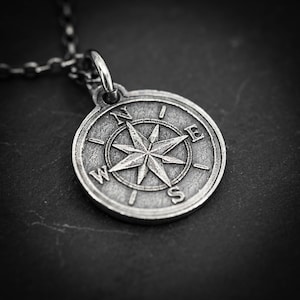 Handmade Silver Compass Pendant Necklace, Rustic Men Adventure Jewelry, Travel and Exploration Gift