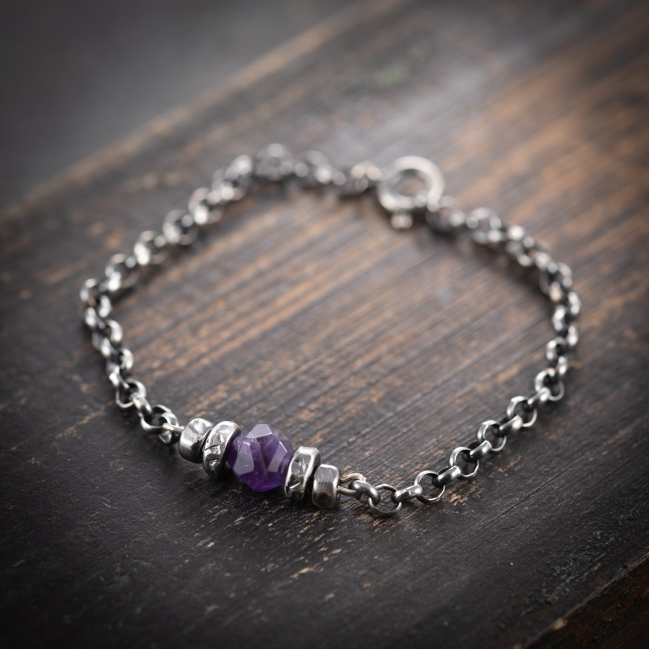 Amethyst crystal Silver chain bracelet, boyfriend gifts, gemstone Protection bracelet, beaded bracelet for men or women, oxidized silver