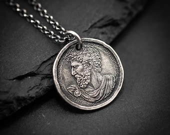 Silver Marcus Aurelius Roman emperor coin necklace, Ancient stoicism pendant, mens meditation gift, anxiety relief personalized jewelry