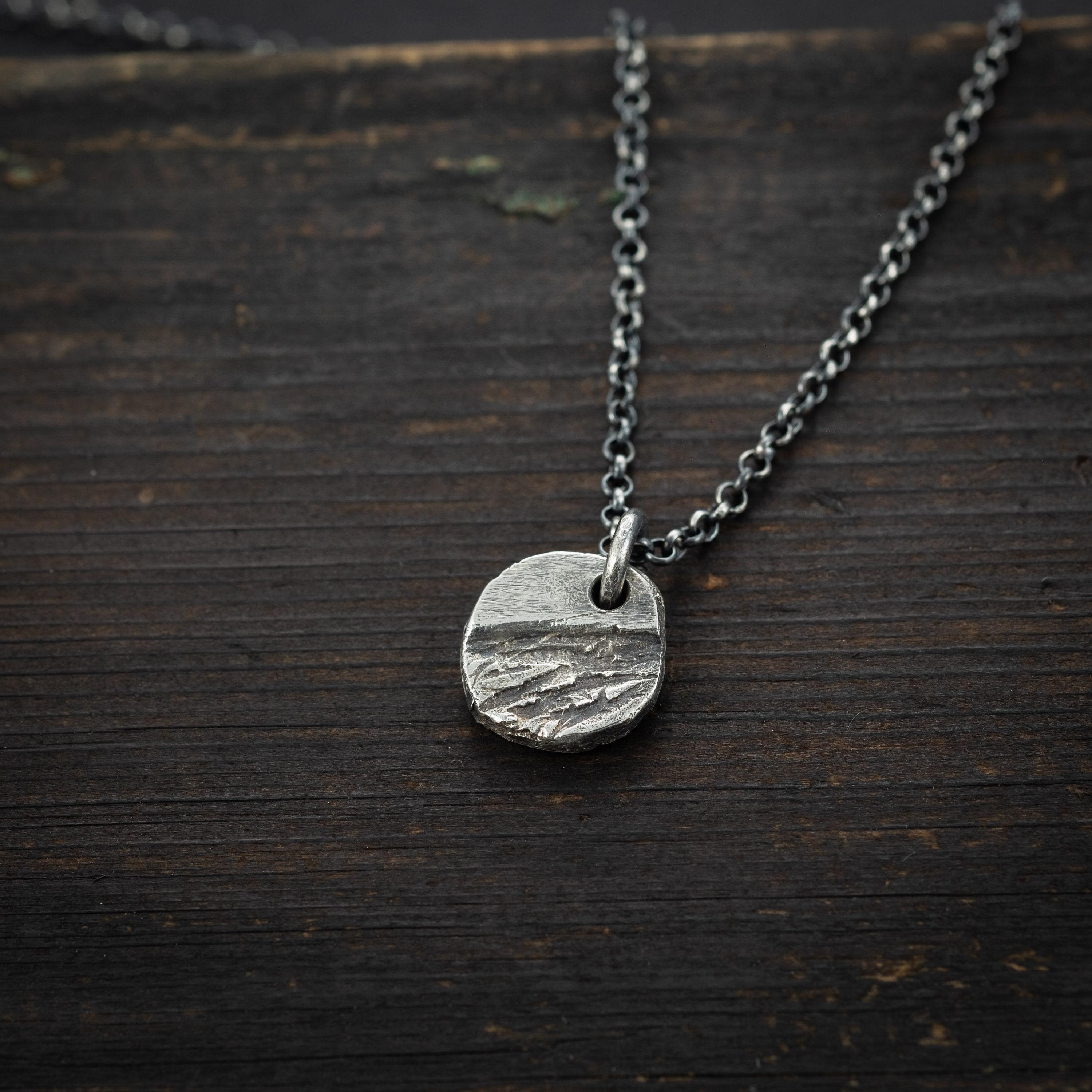 Mens Necklace Small Rustic  Pendant for Men in Sterling Silver