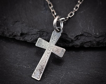 Collar cristiano de plata con cruz para hombre, collar con colgante de fuerza, regalos cristianos, joyería hecha a mano, regalo para novio, regalo para esposo
