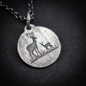 Sterling silver Deer pendant necklace, handmade Mens animal Forest nature jewelry, Christmas gifts, engraved necklace, gift for her
