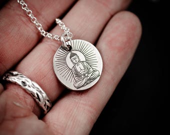 Silver Buddha pendant necklace, Buddhist Meditation And Yoga jewelry, Mindfulness gift, Calming Anxiety relief pendant