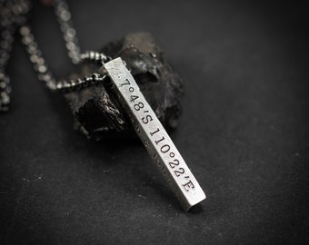 Personalized Custom Coordinates bar silver necklace, GPS engraved mens Jewelry, Coordinates gift for him, unique Christmas gifts
