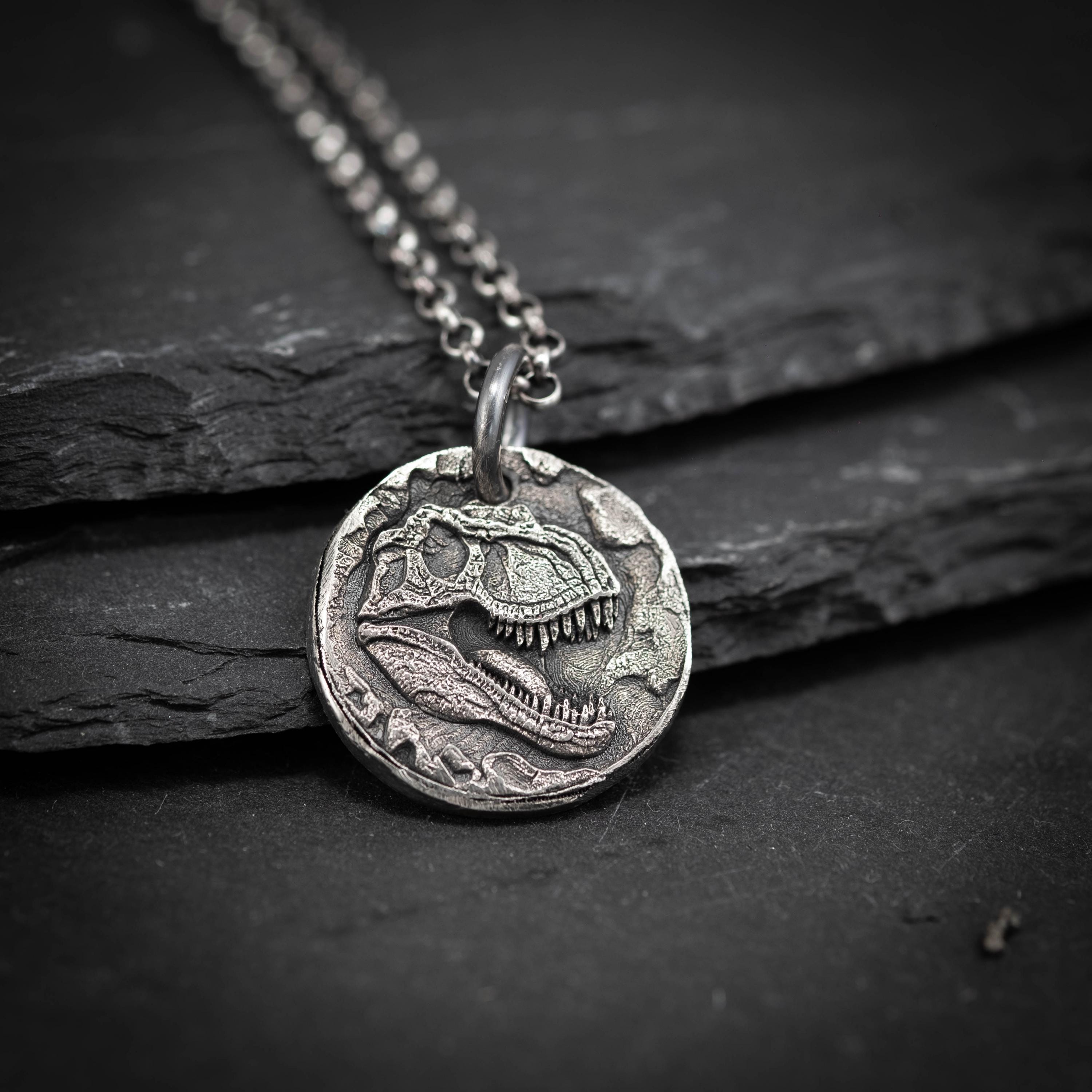 Antique Silver Tyrannosaurus Dinosaur Pendant Necklace - Black Leather Chain, Gift Box - View #10