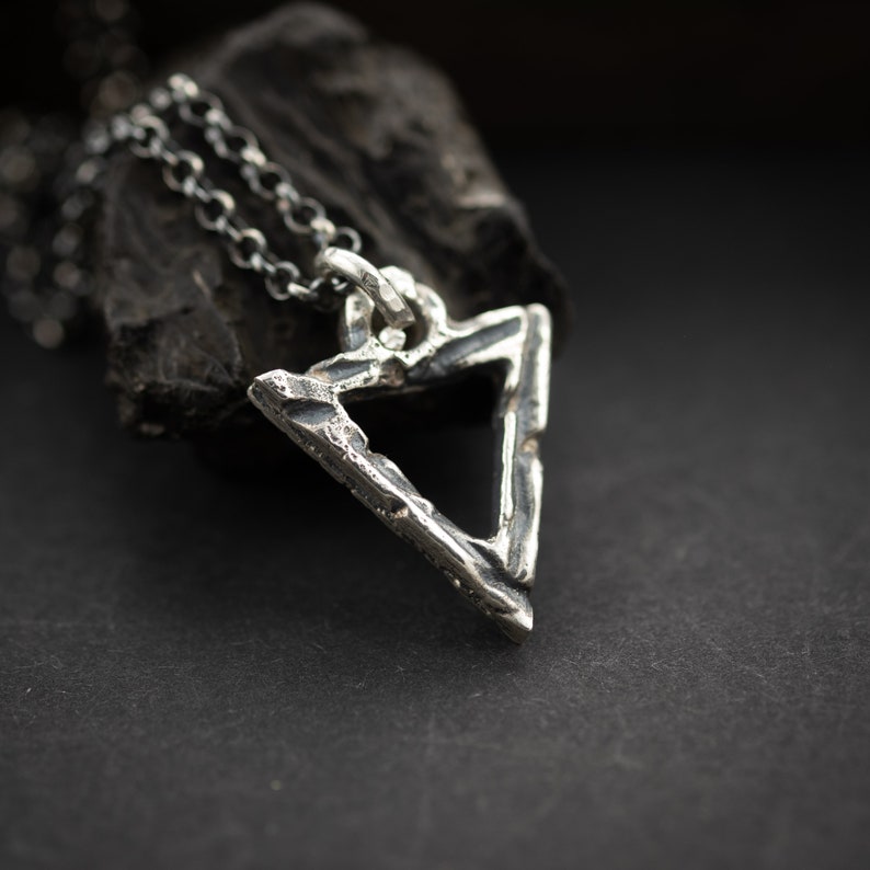 Boho Sterling silver Rustic Grometric Triangle pendant necklace, Unique gift for women or men, Oxidized jewelry image 7