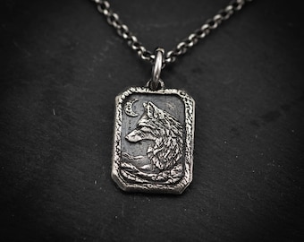 Mens Silver Wolf Moon Pendant Necklace, Wolf Silver Charm, Sterling Silver handmade jewelry, Animal nature wilderness Pendant