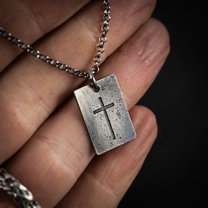 Silver Cross Mens Christian necklace, Christmas gifts, Strength pendant necklace, Christian gifts, Handmade jewelry, Boyfriend gift,
