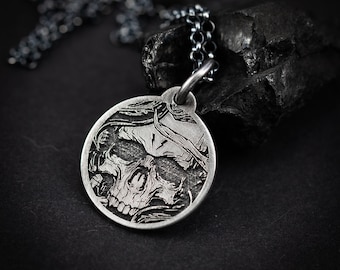 Engraved Silver Custom Skull Necklace, Personalized Handmade Memento Mori, Gothic Edgy Skull Pendant