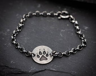 Wolf Paw Print Silver Rustic men bracelet, Oxidized handmade animal jewelry, Wildlife gift for men