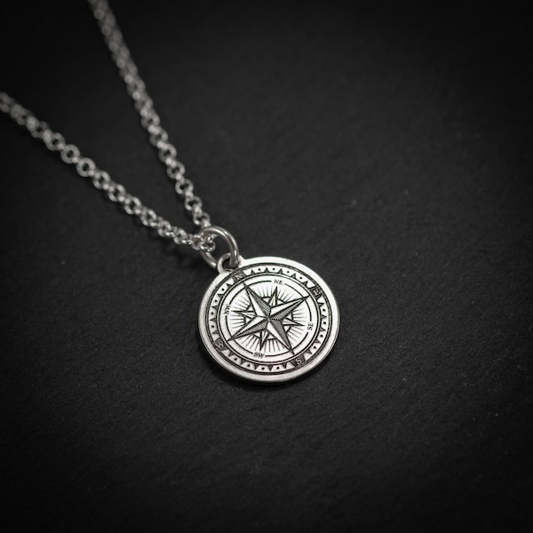 Zilveren kompas heren munthangerketting, unieke handgemaakte zilveren avontuur herensieraden, uniek reiscadeau