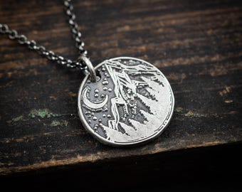 Nature Landscape Oxidized Rustic Moon Necklace, Nature Everyday Pendant Necklace, Outdoor Boho Silver Necklace