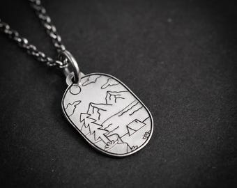 Silver Handmade Camping Mountain Necklace, Boho Outdoor Adventure Nature Necklace, Hiker Wanderlust Jewelry