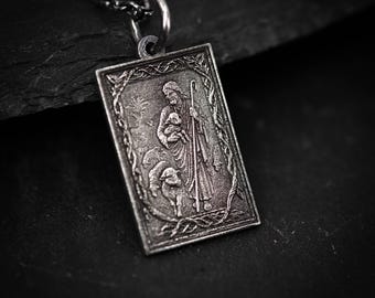 Jesus Christ Shepard Silver Necklace, Personalized Engraved Religious Jewelry, Christian Handmade Engraved Pendant