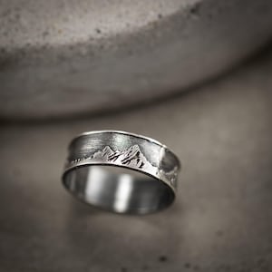 Silver Mountain range band mens ring, Nature Wedding Ring, Engraved Engagement Ring, Unique Promise Ring, Birthday Gift