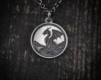 Mens Dragon Silver pendant necklace, Rustic Oxidized silver jewelry, Mens gift, Animal Handmade jewelry