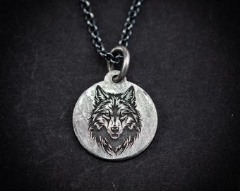 Wolf Head Sterling Silver mens necklace, Viking Animal jewelry, Christmas mens gift, Personalized engraved custom necklace