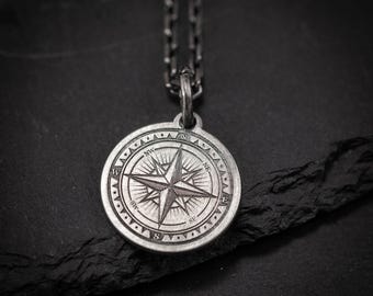 Sterling Silver Compass Necklace, Oxidized Persoalized Handmade Gift for Him, Custom Jewelry