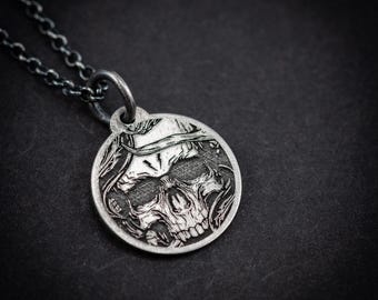 Sterling Silver Memento Mori Coin Necklace. Skull Jewelry, Taphophile Gift, Memento Mori Jewelry, Halloween Gift, mens necklace.