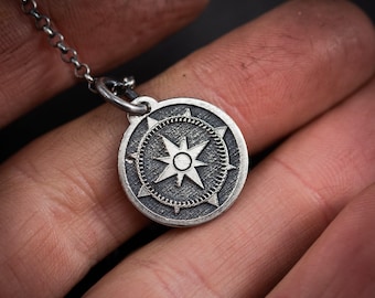 Compass Silver Engraved Pendant Necklace, Personalized Mens Jewelry, Silver Pendant
