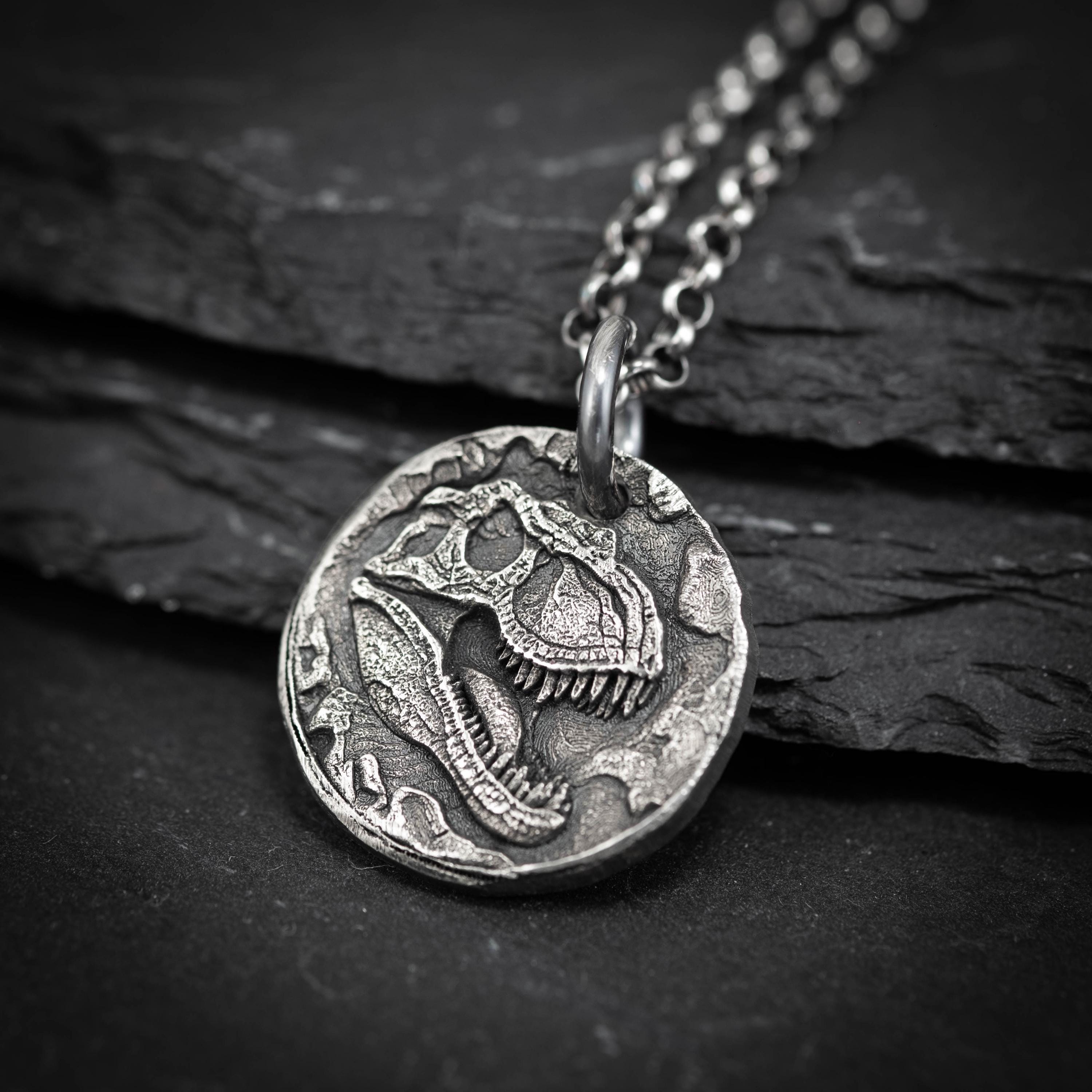T-rex Dinosaur Skull Silver Pendant Necklace for Men, Unique