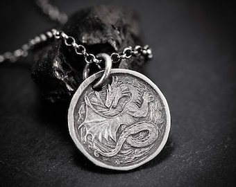 Ancient Dragon Silver coin pendant necklace, Rustic Oxidized silver jewelry, Mens gift, Animal Handmade jewelry