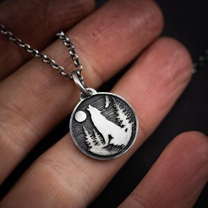 Personalized Silver Moon Wolf Pendant Necklace for Men, Engraved Forest Animal Jewelry, Unique Nature Gift for Him, Men's Wolf Necklace image 7
