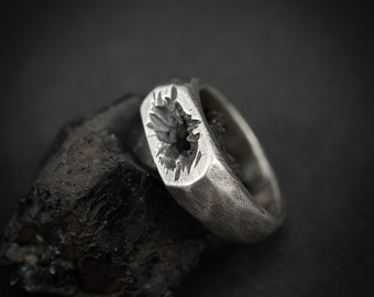 Rustic silver mens signet ring, brutalist raw oxidized ring, Handmade jewelry, Unique gift for men, husband anniversary gift