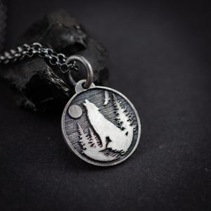 Personalized Silver Moon Wolf Pendant Necklace for Men, Engraved Forest Animal Jewelry, Unique Nature Gift for Him, Men's Wolf Necklace image 1