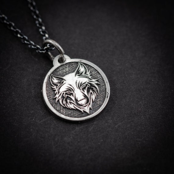 Silver Engraved Wolf Head Animal Pendant Necklace, Unique Forest