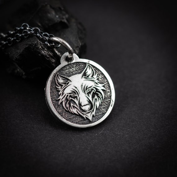 Wolf Head Silver Coin Pendant Necklace Engraved Animal Pendant Necklace Unique Forest Nature Jewelry Gift for Men Mens Necklace Etsy