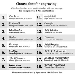 a list of font names and examples for engraving, along with instructions for choosing a font for a personalized message.