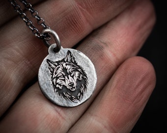 Personalized Wolf Silver animal pendant necklace, Unique Engraved forest nature jewelry, gift for men, mens necklace,