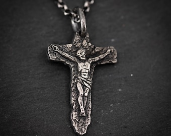 Crucifix Silver Pendant Necklace, Handmade Rustic Mens Jewelry, Jesus Mens Pendant
