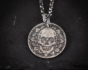Handmade Engraved Skull Silver Necklace, Skeleton Gothic Statement Macabre Memento Mori Jewelry,  Handmade Pendant
