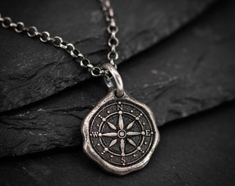 Silver Engraved Compass Charm Pendant Necklace, Mens Travel Outdoorsy Jewelry, Wanderlust Custom Christmas Gift