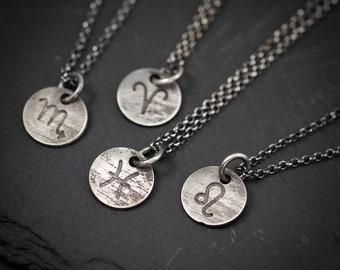 Zodiac sign silver rustic astrology necklace, horoscope pendant necklace, personalized jewelry, handmade unique silver constellation